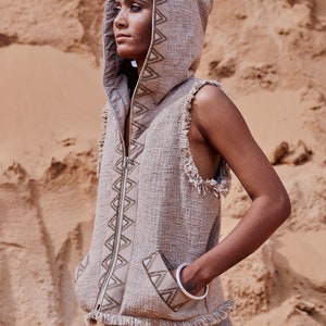 JULIE VEST, hooden vest,tribal vest,ethnic vest,embroidered vest,hemp vest,boho vest,short vest, natural fabrics,earthtones
