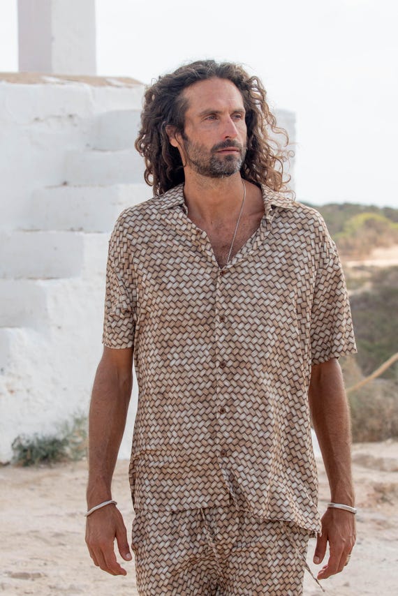 OIANE SHIRT,camisa de hombre de rayón,camisa estampado ratán,camisa ligera de verano,camisa casual elegante,camisa estampada natural