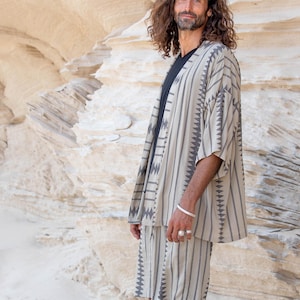 DHOBI KIMONO, kimono stampato unisex, kimono boho, kimono leggero, kimono tribale, kimono in rayon, abbigliamento estivo da uomo, set boho da uomo