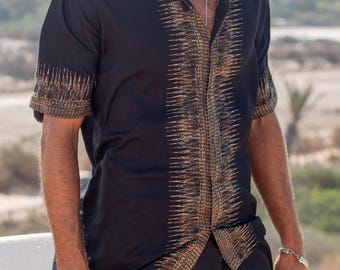 MALAUI SHIRT, boho shirt, heren tribal shirt, heren shirt met korte mouwen, tribal print shirt, heren festival shirt, heren casual shirt