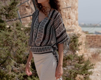 KAILAS GEORGETTE, Tribal-Bluse, Ethno-Bluse, Boho-Bluse, transparente Bluse, Animal-Print, Kreppbluse, tief ausgeschnittene Bluse