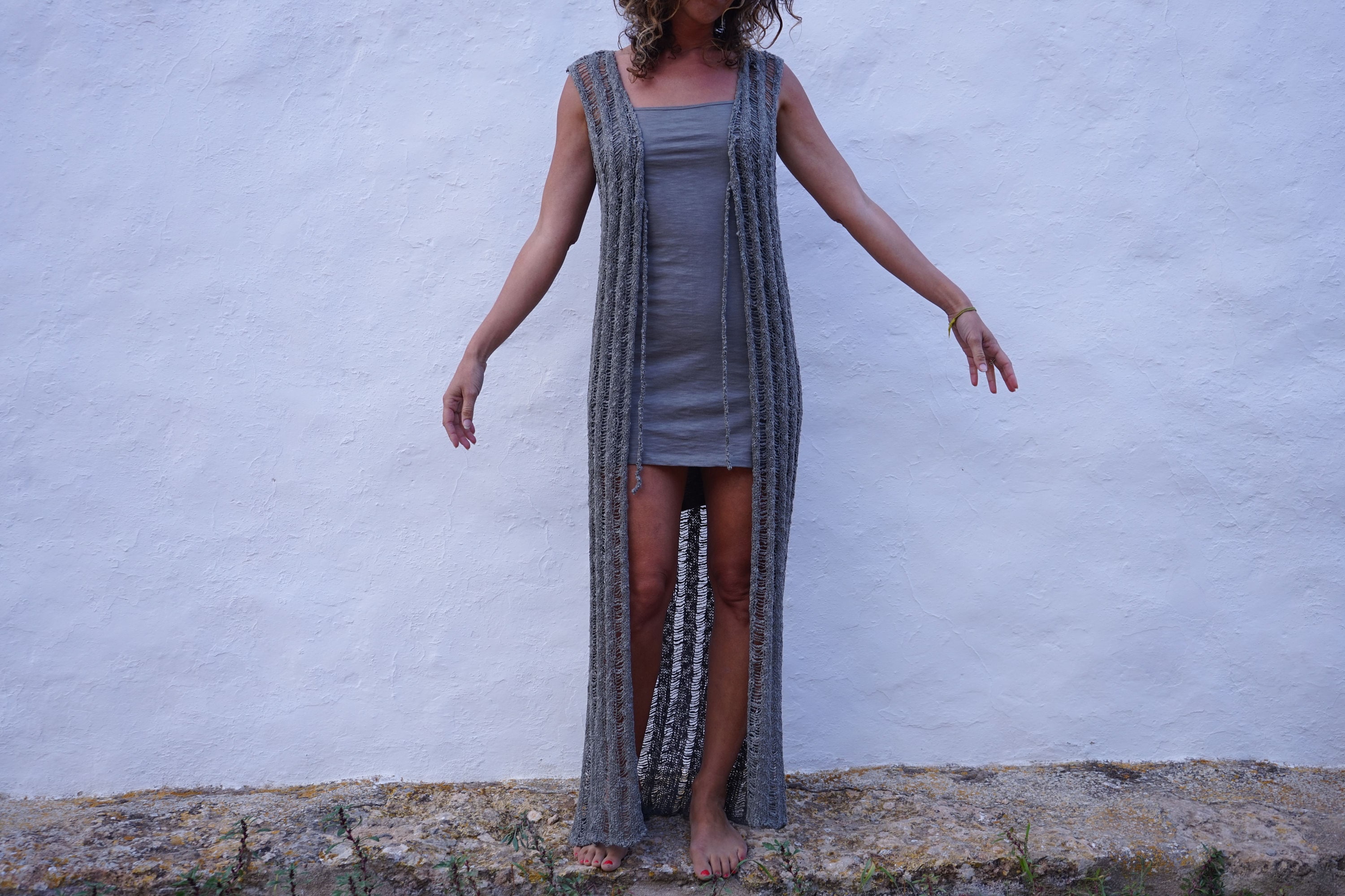 LONG VEST POP C,long Boho Vest,knit Long Vest,openwork Long