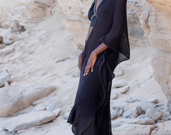 DŁUGIE KIMONO bawełniane LUA, kimono z odkrytym splotem, kimono z koronką, włoskie bawełniane kimono, ciężkie, drapowane kimono, oversize'owe kimono z odkrytym splotem