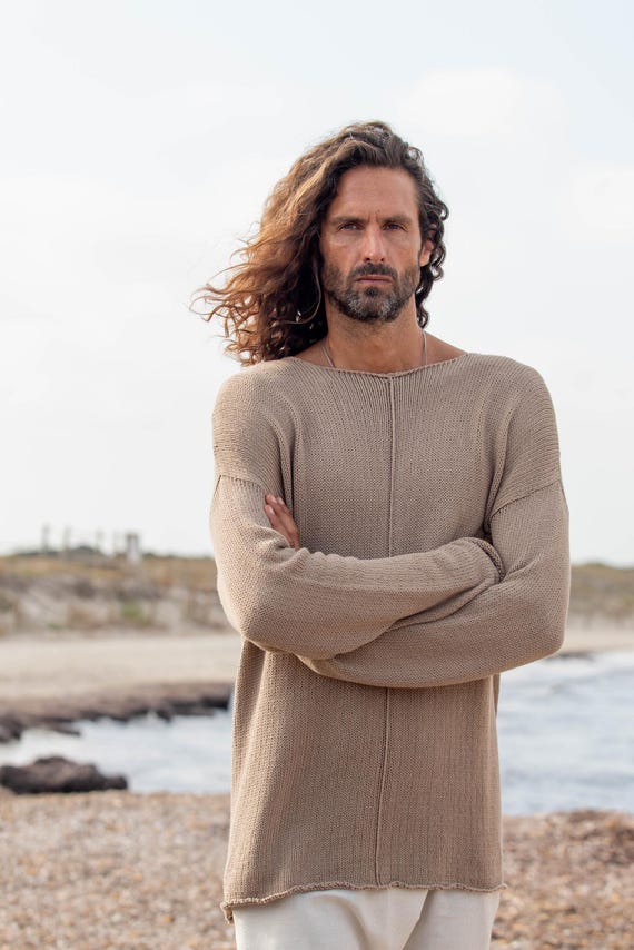 jersey hombre de punto,suéter boho chic,suéter de punto de algodón italiano, jersey alternativo,jersey hombre slow fashion,PURE KNIT SWEATER