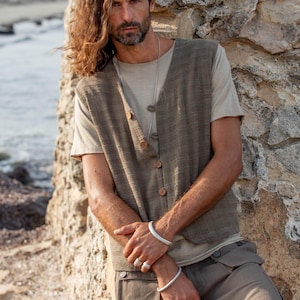 HANOI VEST,boho chic men vest,men’s cotton vest,handloom men’s vest,artisanal men’s vest,alternative elegant vest,sustainable men’s vest