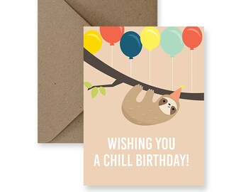 Tarjeta de cumpleaños divertida con diseño de perezoso: ¡Feliz cumpleaños!, sobre kraft.