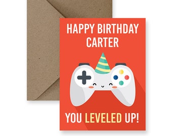 Personalized Gamer Birthday Card | Leveled Up, Kraft Envelope