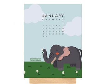 2027 Threatened Animals Desk Calendar, Illustrated Endangered Wildlife, Wooden Stand