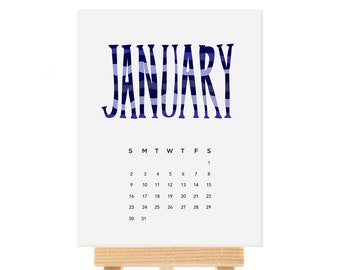 2027 Typography Desk Calendar, Illustrated Monthly Pages, Wooden Stand Included