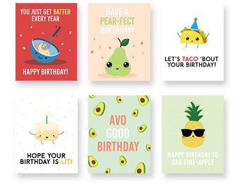 Food Birthday Card 6 Pack | Stationery Gift Set, Package Deal, Cute Gift Items, Funny Pun Greeting Cards, Modern Design