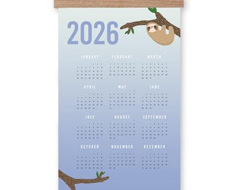 2027 Sloth Wall Calendar with Wooden Frame, Illustrated Monthly Planner