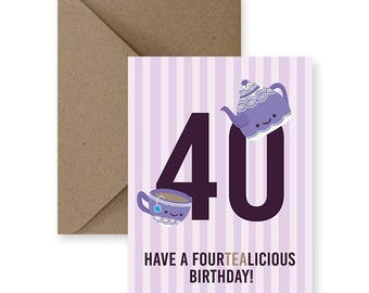 Birthday Card for Friend, Him, Her | 40th Tea Party Theme (A2 Size)