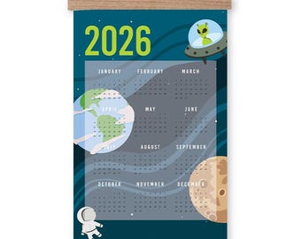 2027 Space Wall Calendar with Wooden Frame, Illustrated Planets and Astronaut
