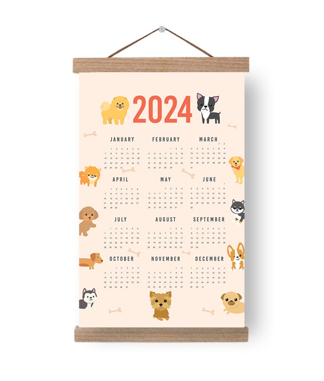 2024 Doggo Wall Calendar With Wooden Frame 2024 Calendar Etsy