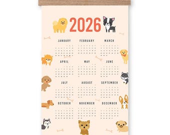 Calendario de pared ilustrado de perros 2027 con marco de madera, lámina artística de cachorros.
