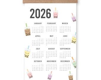 2027 Bubble Tea Wall Calendar, Illustrated Monthly Planner, Wooden Frame Included