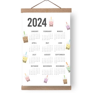 2024 Bubble Tea Wall Calendar with Wooden Frame, 2024 Calendar, Cute New Year Calendar, Gifts Under 30, Colorful Calendar, Illustrated