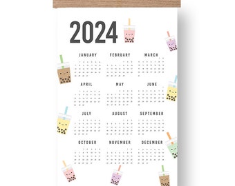 2024 Bubble Tea Wandkalender mit Holzrahmen, 2024 Kalender, niedlicher Neujahrskalender, Geschenke unter 30, bunter Kalender, illustriert