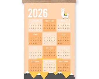 2027 Illustrated Wall Calendar with Wooden Frame, Llama Mountain Art