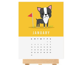 2027 Dog Desk Calendar, Illustrated Doggo Puns, Wooden Stand Included