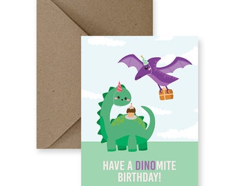Dinomite Birthday Card | Pun Dinosaur Greeting Card