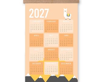 Calendário de parede ilustrado de 2027 com moldura de madeira, arte de montanha com lhama