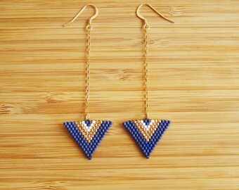 Earrings plated triangles gold gold-filled hand stitched Miyuki beads Navy Blue matte, gold and white off