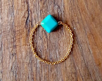 Bague Chaine Pierre Bleu Turquoise Naturel Plaqué Or