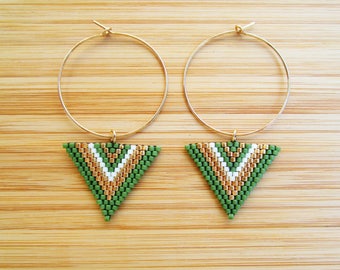 Ethnic earrings gold plated rings and triangle beads hand woven, Miyuki gold and khaki