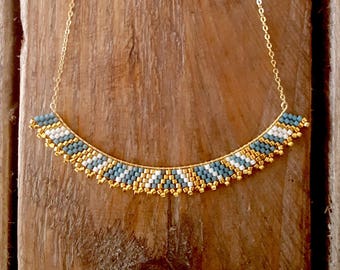 LUNA blue DENIM gold plated NECKLACE and Miyuki glass beads hand sewn