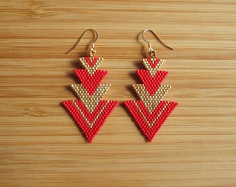 Boucles Hestia Rouge & Or perles de verre Miyuki cousues main attaches plaqué or 14 carats