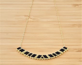 Collier Luna Noir Plaqué Or et Perles de Verre Miyuki Cousues Main