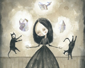 Pode incluir: Uma pintura em aquarela de uma jovem com um vestido preto e dois gatos pretos. Ela está estendendo as mãos e há três cristais brilhantes acima de sua cabeça.