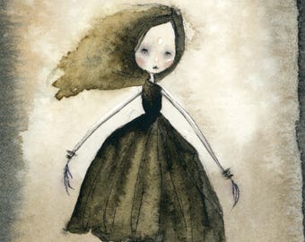 Pode incluir: Pintura em aquarela de uma menina com cabelo castanho comprido vestindo um vestido preto. Ela tem um rosto pálido com pontos brancos na testa e nas bochechas. O fundo é de cor marrom claro.
