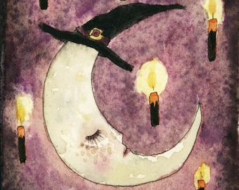 May include: A crescent moon with a witch's hat sleeping surrounded by nine lit candles on a purple background.