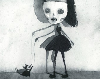 Pode incluir: Uma pintura a aquarela em preto e branco de uma menina com rosto de caveira usando um chapéu e um vestido, segurando uma coleira presa a um pequeno cão preto e branco.