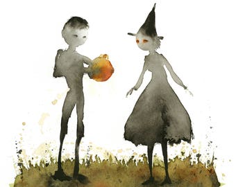 Pode incluir: Uma pintura de aquarela de um menino e uma menina em silhueta. O menino está segurando uma abóbora e a menina está usando um chapéu de bruxa. Eles estão em pé em um pedaço de grama com um fundo marrom.