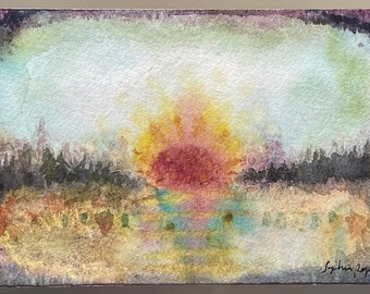 Red Sun 4”x6” original watercolor painting