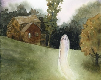 May include: A watercolor painting of a white ghost standing in front of a house in the woods. The ghost is translucent and has a faint glow. The house is a small, wooden structure with a brown roof. The trees are tall and leafy, and the sky is a soft, muted purple.