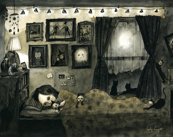 11"x14" Sweet Dreams & Cat Cuddles (print of an original painting by Sophia Rapata)