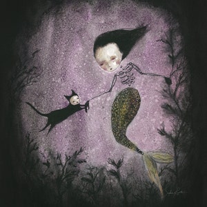 Skeletal Mermaid & Her Cat (print of an original painting by Sophia Rapata)