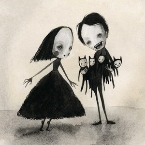 May include: A black and white illustration of a couple holding small black cats. The woman is wearing a black dress and the man is wearing a black shirt and pants. The illustration is done in a whimsical style with a slightly spooky feel.