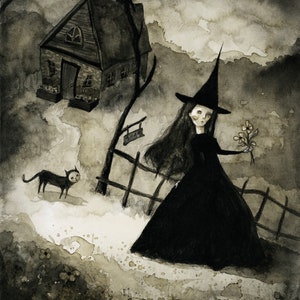 Cuando una bruja se va a trabajar (impresión de 8"x10" de una pintura original de Sophia Rapata)