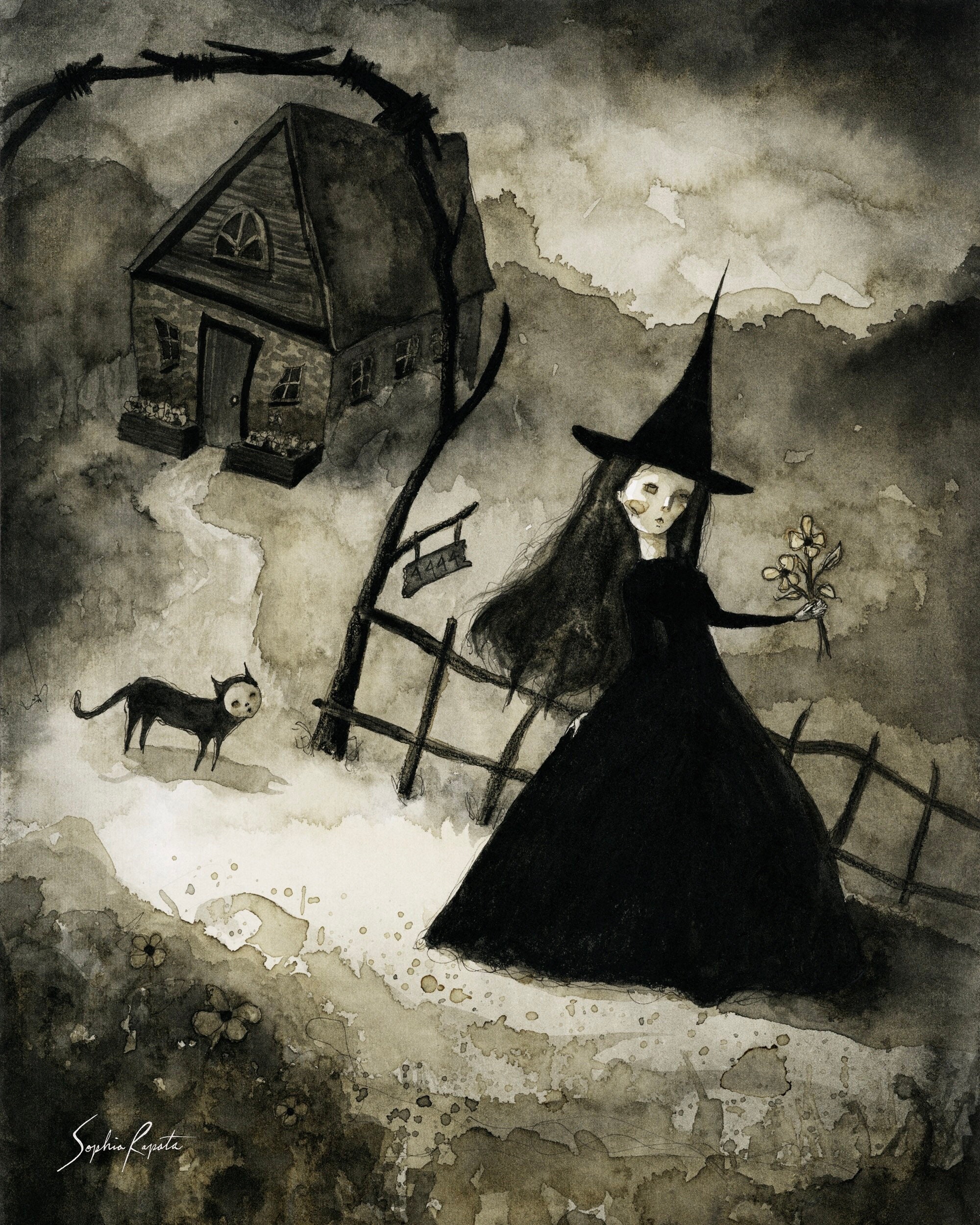 When a Witch Goes Off to Work 8 x10 print of an original painting by Sophia Rapata