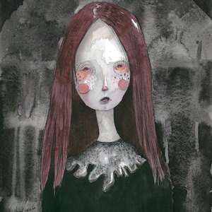 May include: A watercolour painting of a girl with long red hair wearing a black dress with a lace collar. The background is a dark grey with watercolour washes.