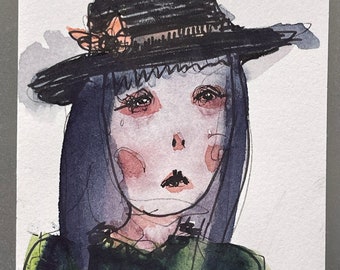 Portrait of a Lady 3”x4” original watercolor & ink painting