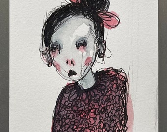 Portrait of a Girl 3”x4” original watercolor & ink painting