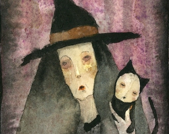 Pode incluir: Uma pintura em aquarela de uma bruxa usando um chapéu preto e uma longa capa preta. Ela está segurando um gato preto em seus braços. O fundo é um degradê de roxo e preto.