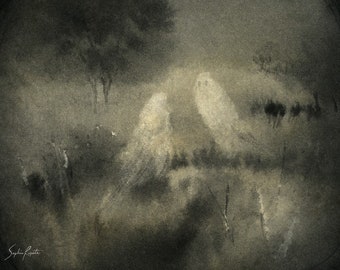 May include: A watercolor painting of two ghostly figures in a foggy forest. The figures are white and translucent, and they are standing in a clearing in the woods. The trees are dark and shadowy, and the fog is thick and swirling.