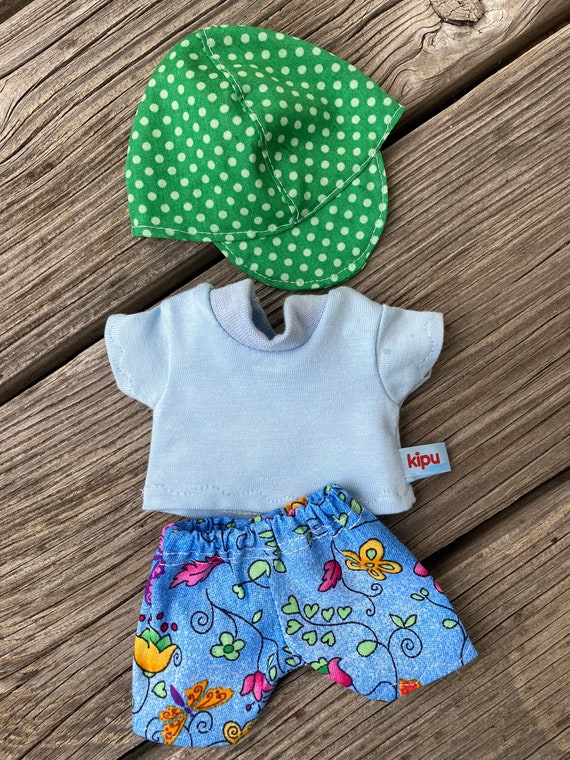 Handmade Puppenkleidung Für Plüschäffchen 20 Cm – Set Mit Kleid/Hut Oder Shirt/Hose/Hut, Aus Baumwolle, Türkis/gelb